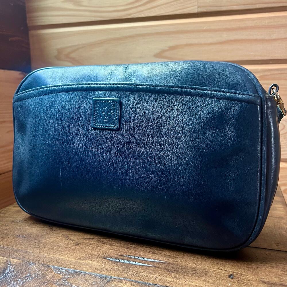Vintage Anne Klein Leather Crossbody Bag Navy Blue 80s Gold Hardware Small Purse - Picture 4 of 16